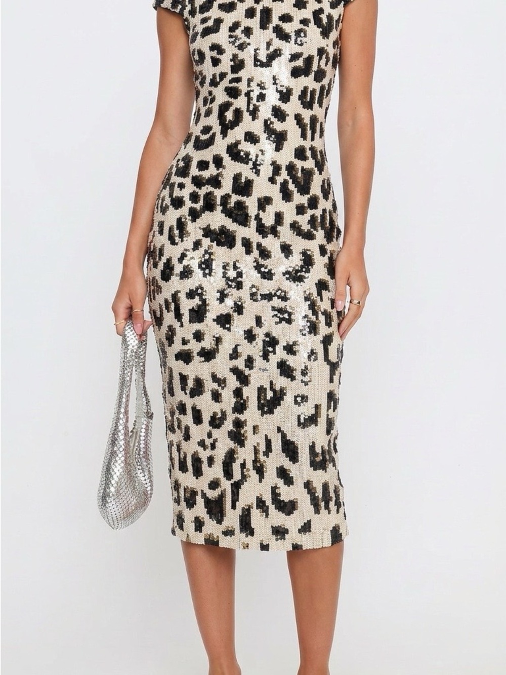 Alice + Olivia Leopard Animal Print Sequin Sheath midi  Dress Lined Cap 0